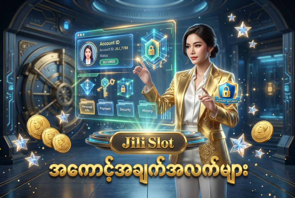 Jili Slot ၏ အကောင့်နှင့် အခြေခံအချက်အလက်များ စီမံခန့်ခွဲမှုကို ဖော်ပြထားသည့် ပုံရိပ်ဖြစ်ပါသည်။ ထိုင်းအမျိုးသမီးတစ်ဦးနှင့်အတူ ဒစ်ဂျစ်တယ်သော့များ၊ ရွှေဒင်္ဂါးများနှင့် လုံခြုံရေးဆိုင်ရာ အစိတ်အပိုင်းများကို အသုံးပြု၍ အကောင့်လုံခြုံမှုကို ခမ်းနားစွာ ပုံဖော်ထားပါသည်။

