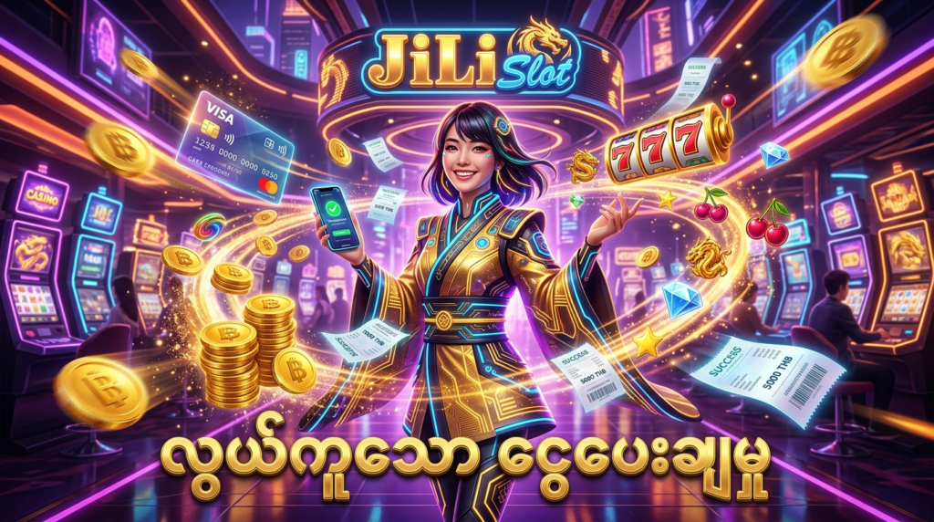 Jili Slot ၏ ဂိမ်းကစားခြင်းနှင့် လွယ်ကူလျင်မြန်သော ငွေပေးချေမှုစနစ်ကို ဖော်ပြထားသည့် ပုံရိပ်ဖြစ်ပါသည်။ ဂျပန်အမျိုးသမီးတစ်ဦးနှင့်အတူ ပျံဝဲနေသော ရွှေဒင်္ဂါးများ၊ ဂိမ်းသင်္ကေတများနှင့် ဒစ်ဂျစ်တယ် ငွေပေးချေမှု အစိတ်အပိုင်းများကို တောက်ပသော အရောင်များဖြင့် ပုံဖော်ထားပါသည်။

