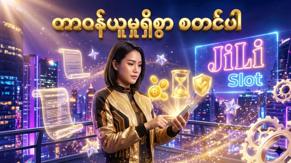 Jili Slot ကို မိုဘိုင်းဖုန်းမှတစ်ဆင့် တာဝန်ယူမှုရှိစွာ စတင်အသုံးပြုပုံကို ဖော်ပြထားသည့် ပုံရိပ်ဖြစ်ပါသည်။ ထိုင်းအမျိုးသမီးတစ်ဦးနှင့်အတူ ဘတ်ဂျက်ထိန်းသိမ်းခြင်း၊ စည်းကမ်းချက်များကို လိုက်နာခြင်းနှင့် လုံခြုံစိတ်ချရမှုကို ကိုယ်စားပြုသော သင်္ကေတများကို တောက်ပသော နည်းပညာဒီဇိုင်းများဖြင့် ခမ်းနားစွာ ပုံဖော်ထားပါသည်။