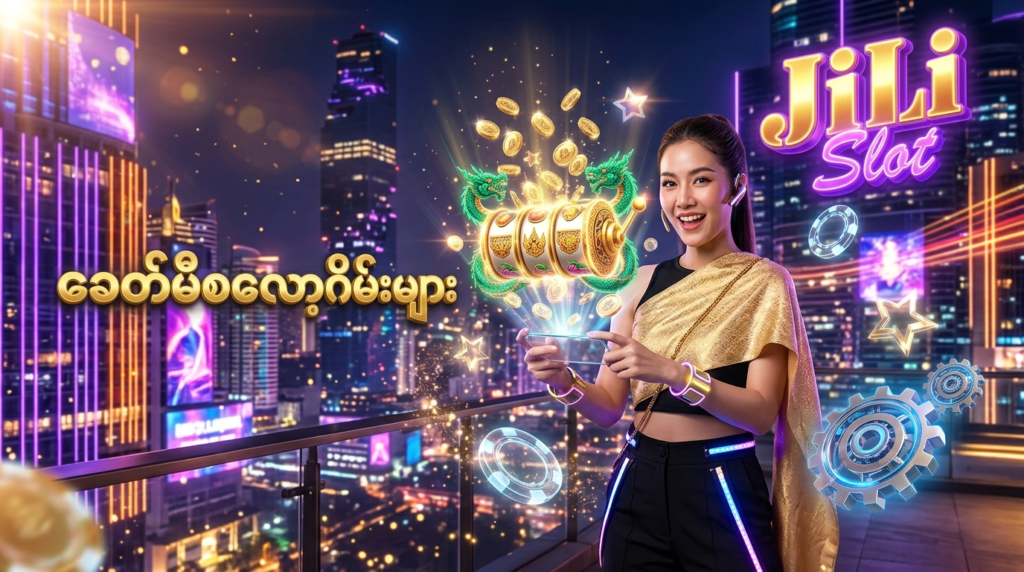ထိုင်းရောက်မြန်မာများအတွက် Jili Slot ၏ ခေတ်မီအွန်လိုင်းစလော့ ပလက်ဖောင်းကို ဖော်ပြထားသည့် ပုံရိပ်ဖြစ်ပါသည်။ ထိုင်းအမျိုးသမီးတစ်ဦးနှင့်အတူ မိုဘိုင်းဖုန်းမှတစ်ဆင့် ကစားနိုင်သော ဂိမ်းအစိတ်အပိုင်းများ၊ ရွှေဒင်္ဂါးများနှင့် နည်းပညာမြင့် ဒီဇိုင်းများကို တောက်ပသော အရောင်များဖြင့် ခမ်းနားစွာ ပုံဖော်ထားပါသည်။