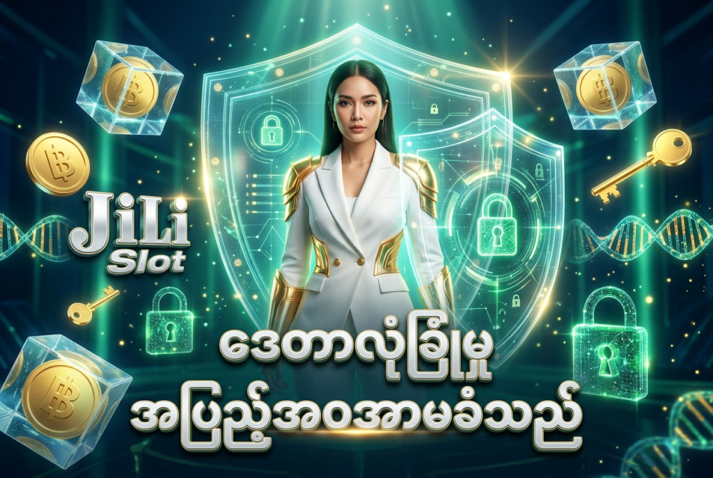 Jili Slot ၏ PDPA ဆိုင်ရာ ဒေတာလုံခြုံမှုနှင့် ကိုယ်ရေးအချက်အလက် ကာကွယ်ပေးမှုကို ဖော်ပြထားသည့် ပုံရိပ်ဖြစ်ပါသည်။ ထိုင်းအမျိုးသမီးတစ်ဦးနှင့်အတူ ဒစ်ဂျစ်တယ်ဒိုင်းလွှားများ၊ ရွှေသော့များနှင့် လုံခြုံရေးသင်္ကေတများကို အသုံးပြု၍ ယုံကြည်စိတ်ချရမှုကို ခမ်းနားစွာ ပုံဖော်ထားပါသည်။

