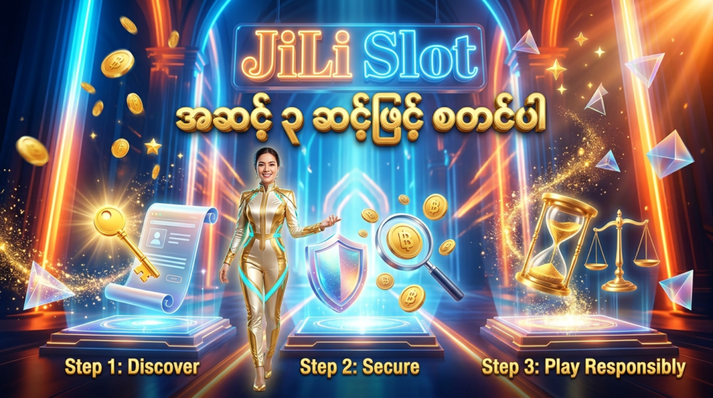 Jili Slot တွင် အဆင့် ၃ ဆင့်ဖြင့် စတင်ပုံကို ဖော်ပြထားသည့် ပုံရိပ်ဖြစ်ပါသည်။ ထိုင်းအမျိုးသမီးတစ်ဦးနှင့်အတူ အကောင့်ဖွင့်ခြင်း၊ အချက်အလက်စစ်ဆေးခြင်းနှင့် ဘတ်ဂျက်သတ်မှတ်ခြင်းတို့ကို ကိုယ်စားပြုသော သင်္ကေတများကို နည်းပညာမြင့် ဒစ်ဂျစ်တယ်နောက်ခံတွင် တောက်ပစွာ ပုံဖော်ထားပါသည်။