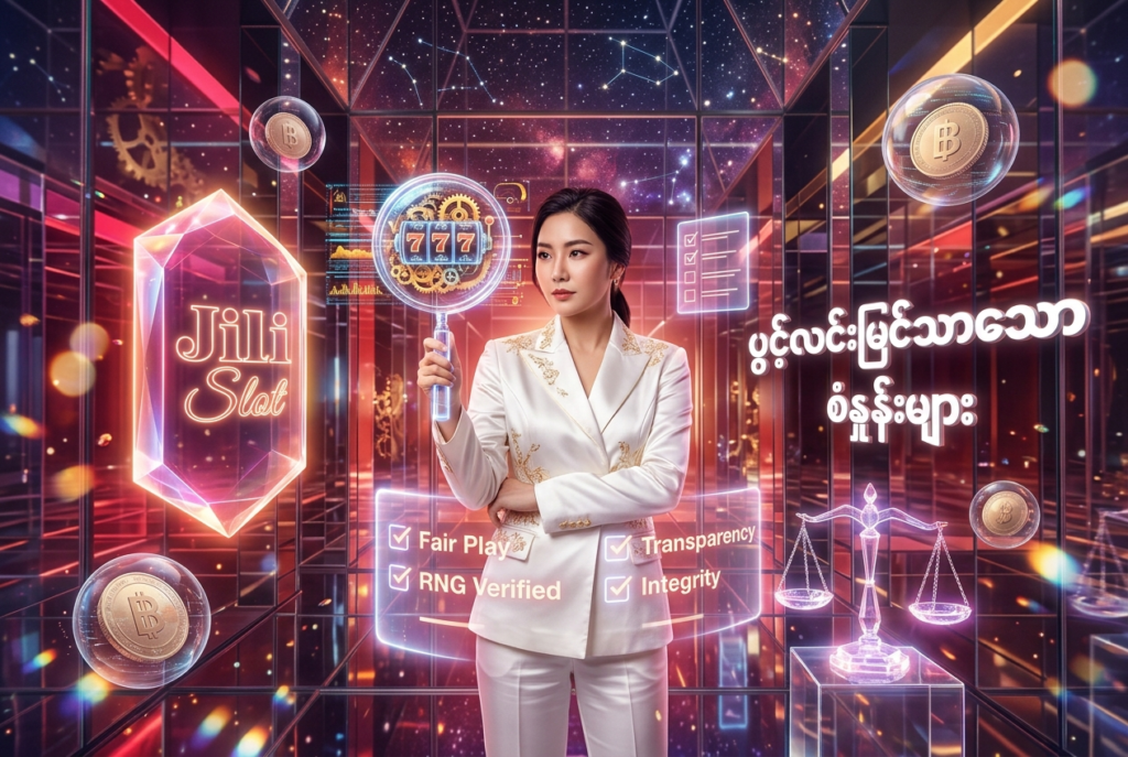 Jili Slot ၏ ပွင့်လင်းမြင်သာမှုနှင့် တရားမျှတသော အကဲဖြတ်မှု စံနှုန်းများကို ဖော်ပြထားသည့် ပုံရိပ်ဖြစ်ပါသည်။ ကိုရီးယားအမျိုးသမီးတစ်ဦးက မှန်ဘီလူးဖြင့် စစ်ဆေးနေဟန်ကို အသုံးပြု၍ ဂိမ်း၏ စိတ်ချရမှုနှင့် တိကျမှုကို တောက်ပသော အရောင်အသွေးများ၊ ဒေတာစီးကြောင်းများနှင့်အတူ ခမ်းနားစွာ ပုံဖော်ထားပါသည်။

